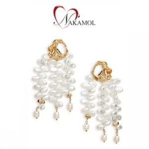 NAKAMOL CHICAGO MOLTEN STUD & FRESHWATER PEARL TASSEL DROP EARRINGS IN WHITE NWT